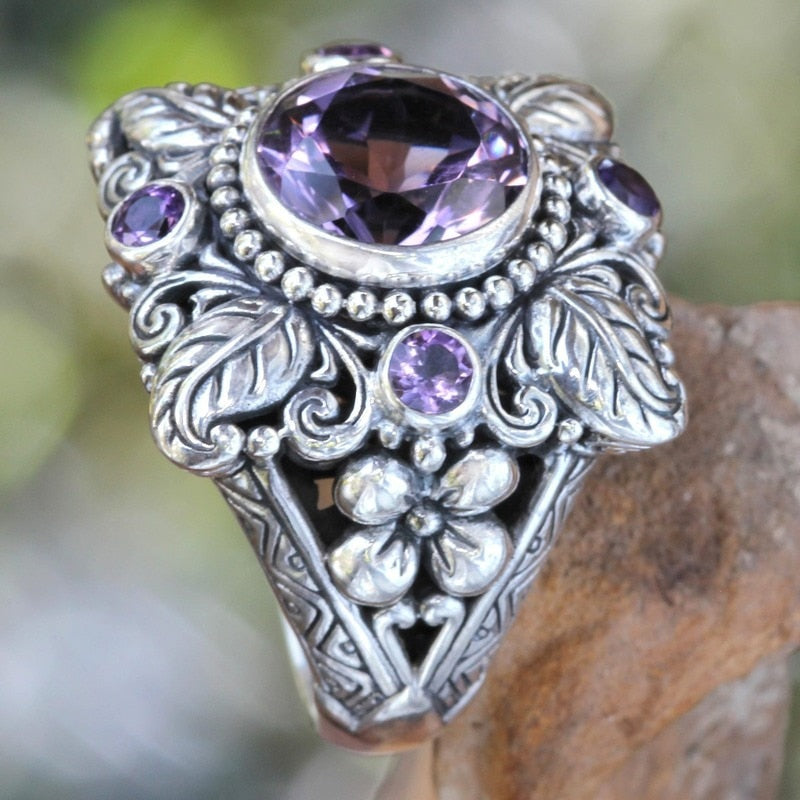 Amethyst thai ezüst falevél -virág gyűrű