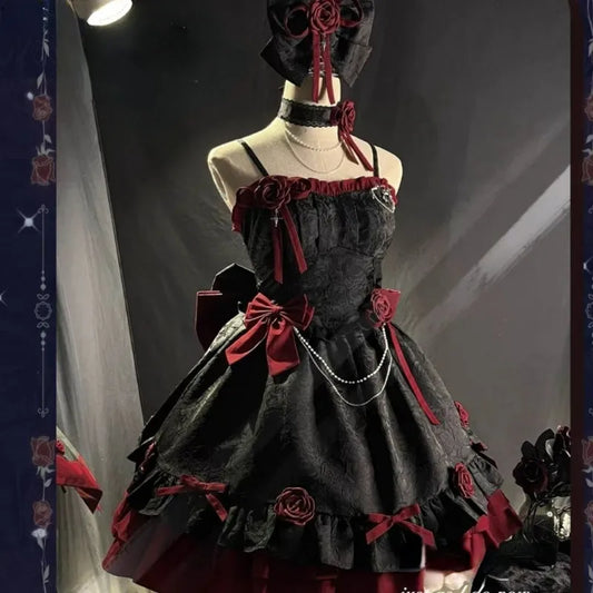 Fekete rózsás csipkés lolita báli ruha